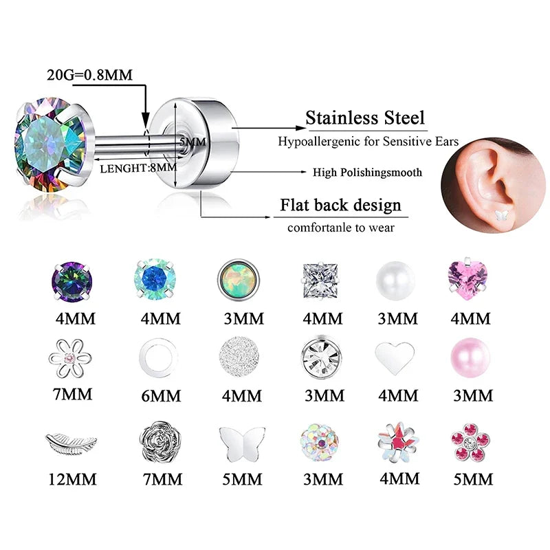 2PCS/Set Stainless Steel Heart Moon Earbone Stud Screw Ball Stud Earrings for Women Fashion Ear Tragus Cartilage Body Piercing