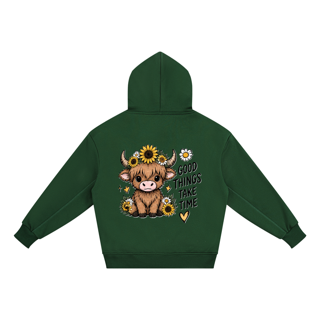 Good Things Take Time Highland Cow Kids Hoodie | Little Haven Collection