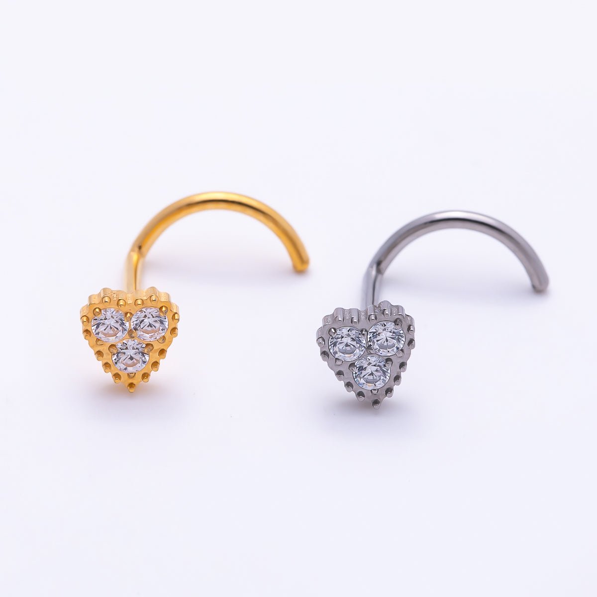 Titanium 4mm CZ Heart Cartilage Nose Single Piercing Flat Back Stud in Gold & Silver | BJ-00224 BJ-00225