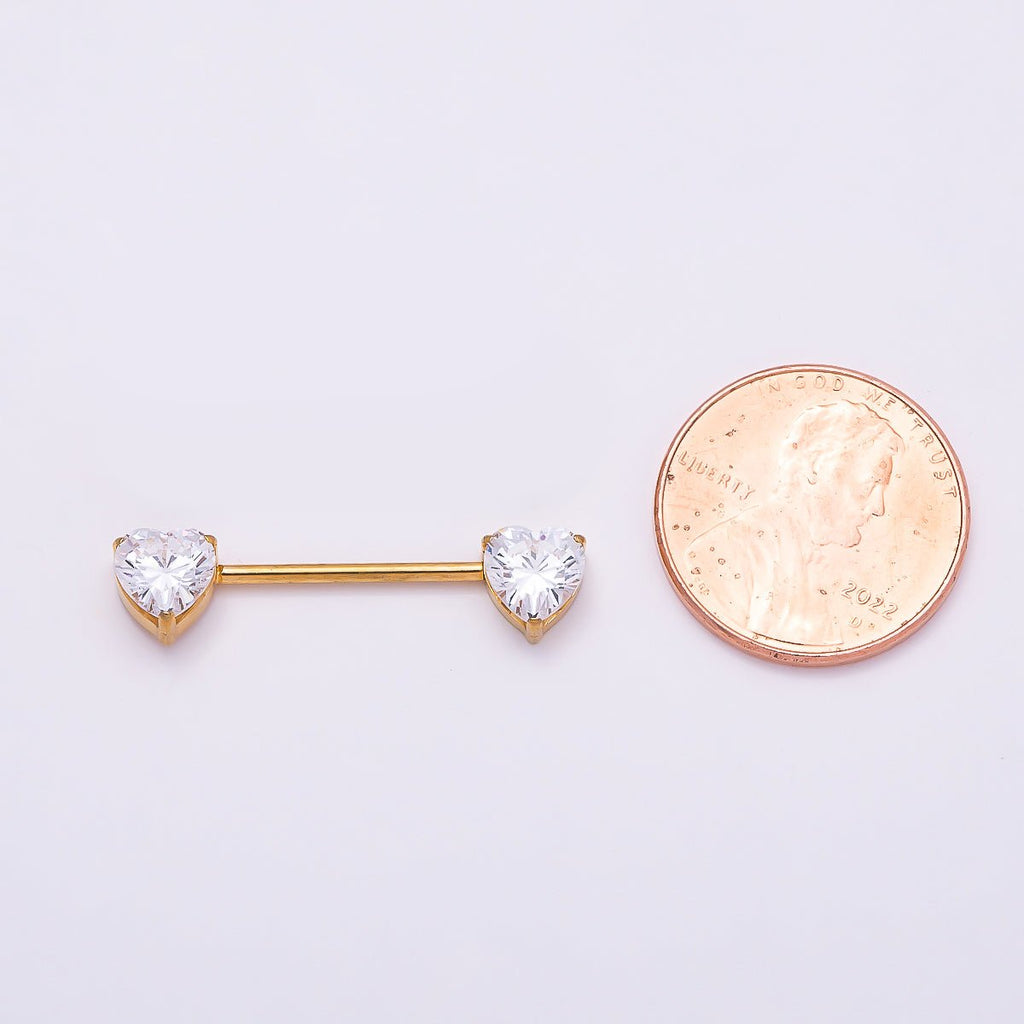 Titanium Clear CZ Heart Nipple Barbell Piercing Body Jewelry in Gold & Silver | BJ-00104 BJ-00105