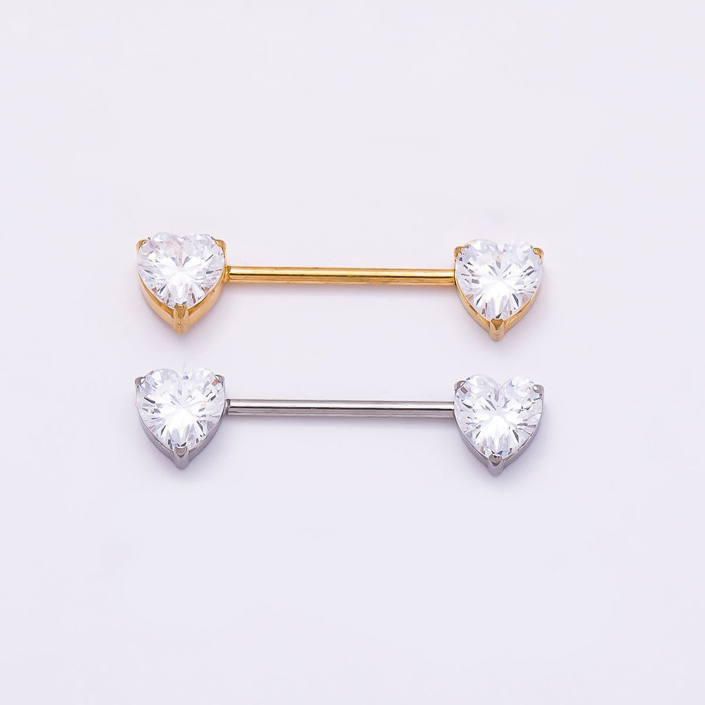 Titanium Clear CZ Heart Nipple Barbell Piercing Body Jewelry in Gold & Silver | BJ-00104 BJ-00105