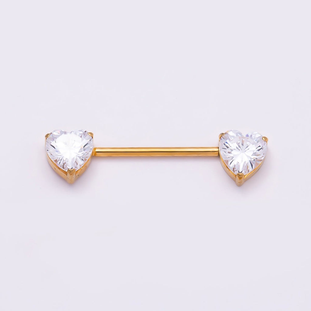 Titanium Clear CZ Heart Nipple Barbell Piercing Body Jewelry in Gold & Silver | BJ-00104 BJ-00105